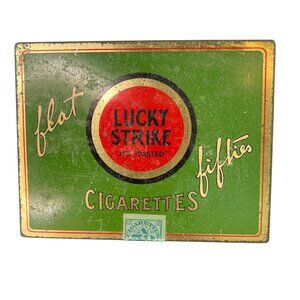 Vintage Lucky Strike Cigarette Metal Tin Flat Fifties Green Red Gold Stamp